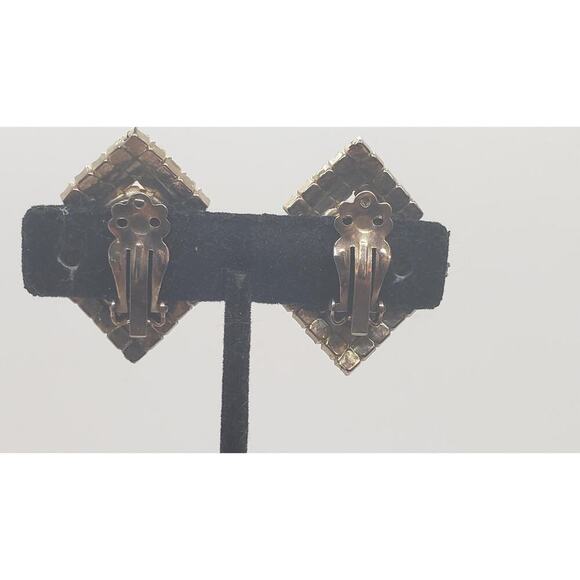 Vintage AB Aurora Borealis Rhinestone Clip On Earrings Faux Pearl Center 50s 60s - Picture 5 of 13